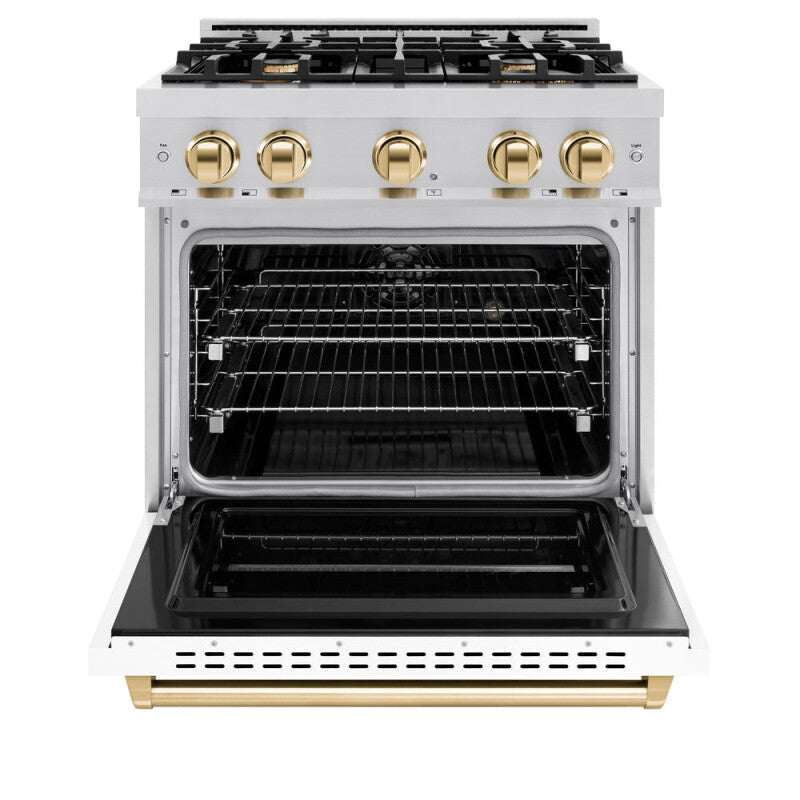 ZLINE Autograph Edition 30 in. 4.2 cu. ft. Classic Dual Fuel Range with 4 Burner Gas Cooktop and Electric Convection Oven in Stainless Steel with White Matte Door and Polished Gold Accents (CDRZ-WM-30-G) - (CDRZWM30G) -