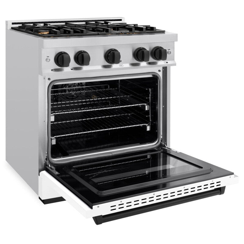 ZLINE Autograph Edition 30 in. 4.2 cu. ft. Classic Dual Fuel Range with 4 Burner Gas Cooktop and Electric Convection Oven in Stainless Steel with White Matte Door and Matte Black Accents (CDRZ-WM-30-MB) - (CDRZWM30MB) -