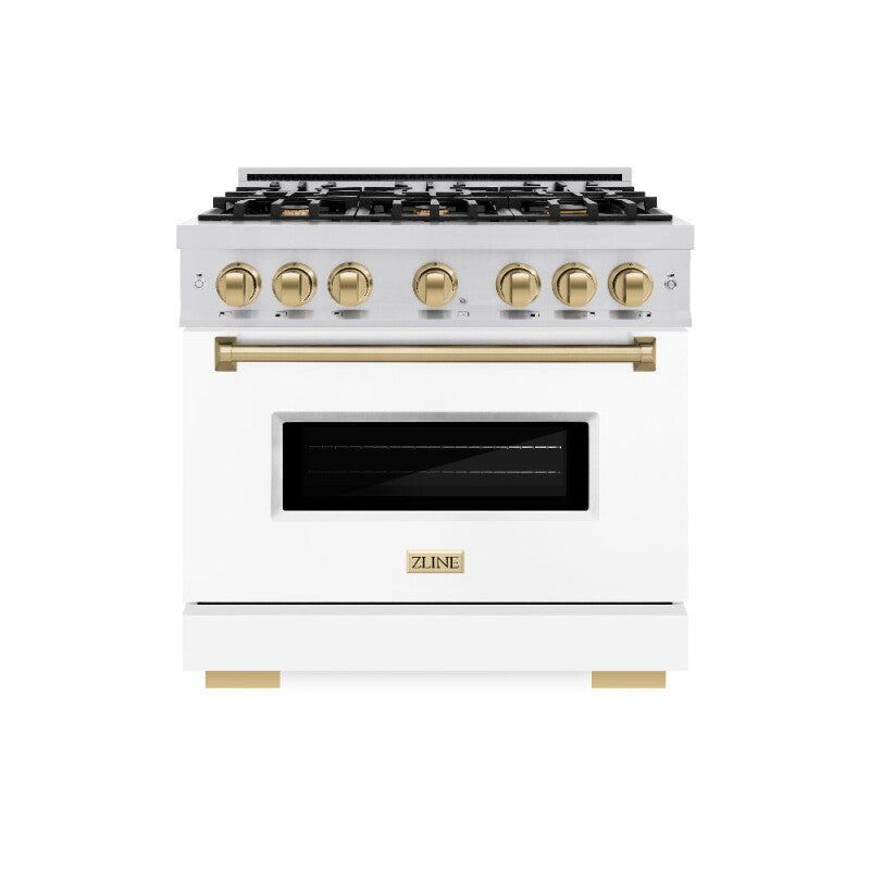 ZLINE Autograph Edition 36 in. 5.2 cu. ft. Classic Dual Fuel Range with 6 Burner Gas Cooktop and Electric Convection Oven in Stainless Steel with White Matte Door and Champagne Bronze Accents (CDRZ-WM-36-CB) - (CDRZWM36CB) -