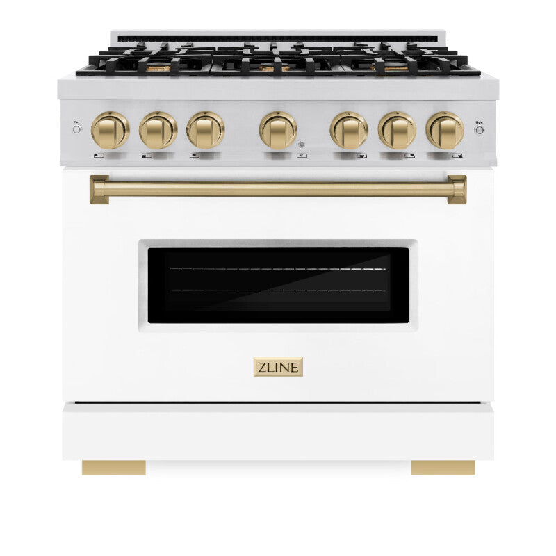ZLINE Autograph Edition 36 in. 5.2 cu. ft. Classic Dual Fuel Range with 6 Burner Gas Cooktop and Electric Convection Oven in Stainless Steel with White Matte Door and Champagne Bronze Accents (CDRZ-WM-36-CB) - (CDRZWM36CB) -
