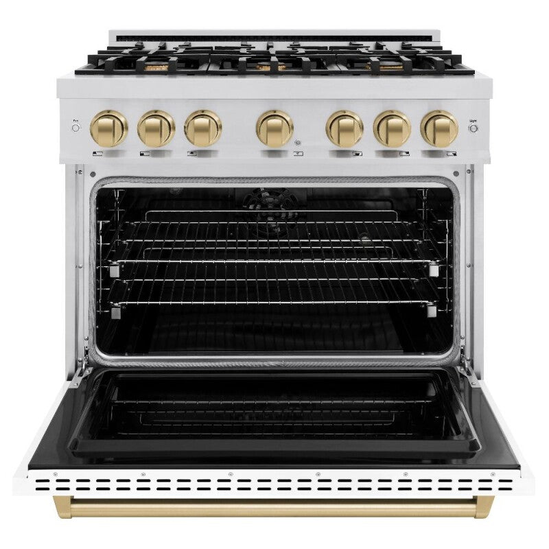 ZLINE Autograph Edition 36 in. 5.2 cu. ft. Classic Dual Fuel Range with 6 Burner Gas Cooktop and Electric Convection Oven in Stainless Steel with White Matte Door and Champagne Bronze Accents (CDRZ-WM-36-CB) - (CDRZWM36CB) -