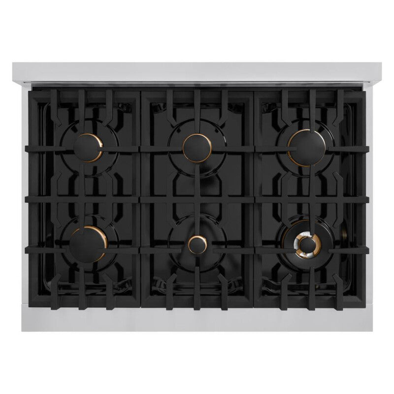 ZLINE Autograph Edition 36 in. 5.2 cu. ft. Classic Dual Fuel Range with 6 Burner Gas Cooktop and Electric Convection Oven in Stainless Steel with White Matte Door and Champagne Bronze Accents (CDRZ-WM-36-CB) - (CDRZWM36CB) -