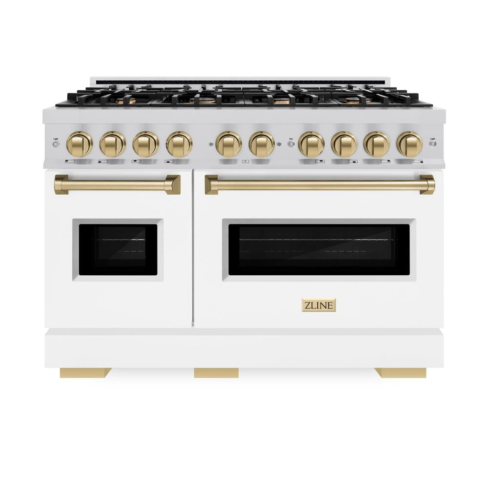 ZLINE Autograph Edition 48 in. 6.7 cu. ft. Classic Double Oven Dual Fuel Range with 8 Burner Gas Cooktop in Stainless Steel with White Matte Doors and Champagne Bronze Accents (CDRZ-WM-48-CB) - (CDRZWM48CB) -
