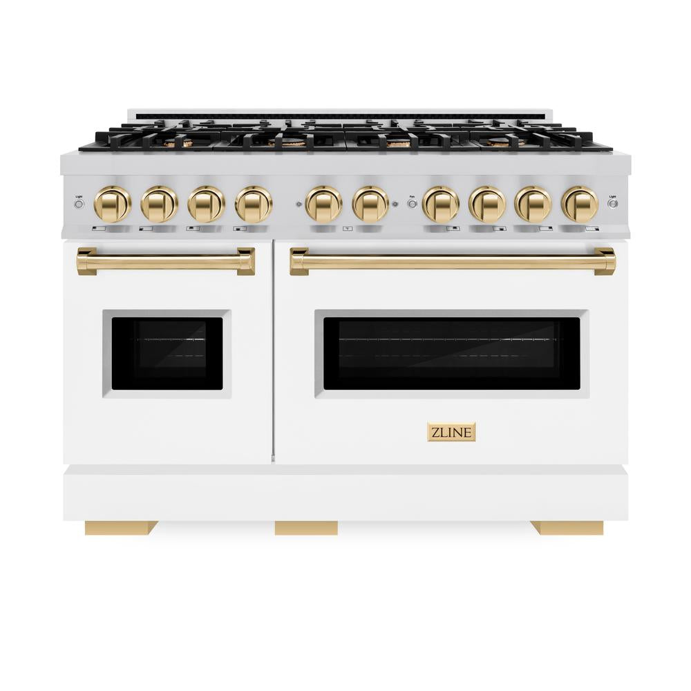 ZLINE Autograph Edition 48 in. 6.7 cu. ft. Classic Double Oven Dual Fuel Range with 8 Burner Gas Cooktop in Stainless Steel with White Matte Doors and Polished Gold Accents (CDRZ-WM-48-G) - (CDRZWM48G) -