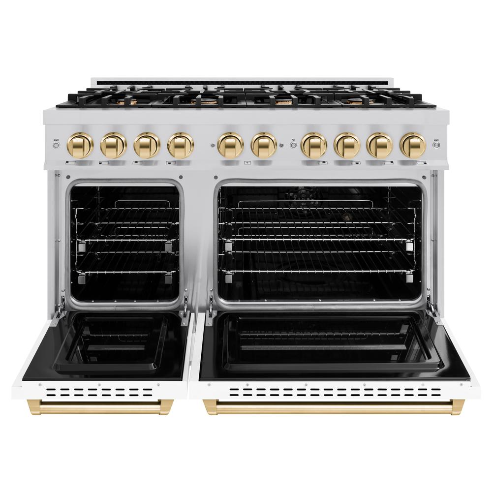 ZLINE Autograph Edition 48 in. 6.7 cu. ft. Classic Double Oven Dual Fuel Range with 8 Burner Gas Cooktop in Stainless Steel with White Matte Doors and Polished Gold Accents (CDRZ-WM-48-G) - (CDRZWM48G) -