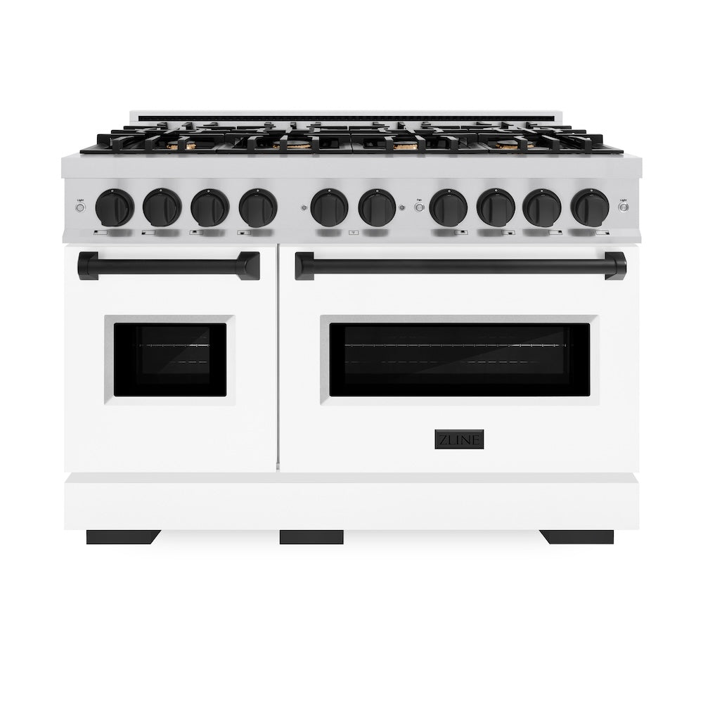 ZLINE Autograph Edition 48 in. 6.7 cu. ft. Classic Double Oven Dual Fuel Range with 8 Burner Gas Cooktop in Stainless Steel with White Matte Door and Matte Black Accents (CDRZ-WM-48-MB) - (CDRZWM48MB) -