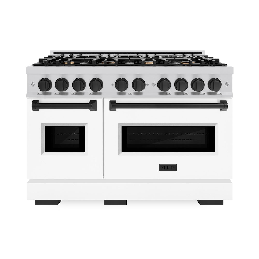 ZLINE Autograph Edition 48 in. 6.7 cu. ft. Classic Double Oven Dual Fuel Range with 8 Burner Gas Cooktop in Stainless Steel with White Matte Door and Matte Black Accents (CDRZ-WM-48-MB) - (CDRZWM48MB) -