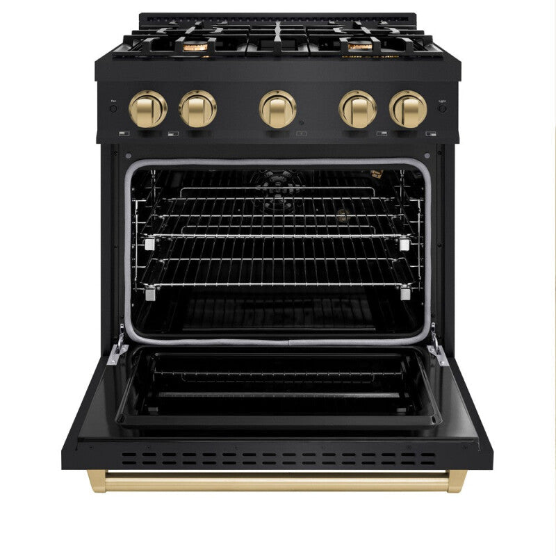 ZLINE Autograph Edition 30 in. 4.2 cu. ft. Classic Gas Range with 4 Burner Cooktop and Convection Gas Oven in Black Stainless Steel and Champagne Bronze Accents (CGRBZ-30-CB) - (CGRBZ30CB) -