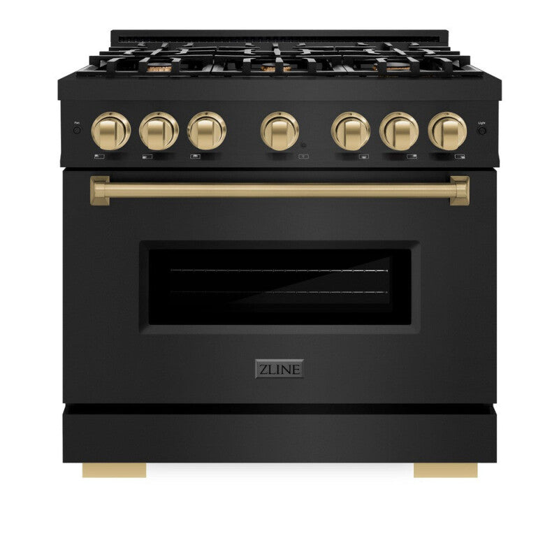 ZLINE Autograph Edition 36 in. 5.2 cu. ft. Classic Gas Range with 6 Burner Cooktop and Convection Gas Oven in Black Stainless Steel and Champagne Bronze Accents (CGRBZ-36-CB) - (CGRBZ36CB) -