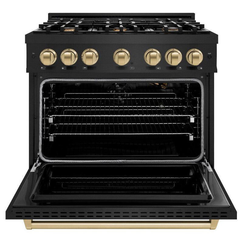 ZLINE Autograph Edition 36 in. 5.2 cu. ft. Classic Gas Range with 6 Burner Cooktop and Convection Gas Oven in Black Stainless Steel and Champagne Bronze Accents (CGRBZ-36-CB) - (CGRBZ36CB) -