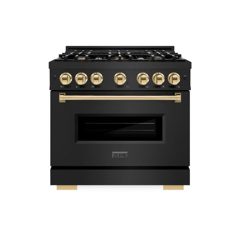 ZLINE Autograph Edition 36 in. 5.2 cu. ft. Classic Gas Range with 6 Burner Cooktop and Convection Gas Oven in Black Stainless Steel and Polished Gold Accents (CGRBZ-36-G) - (CGRBZ36G) -