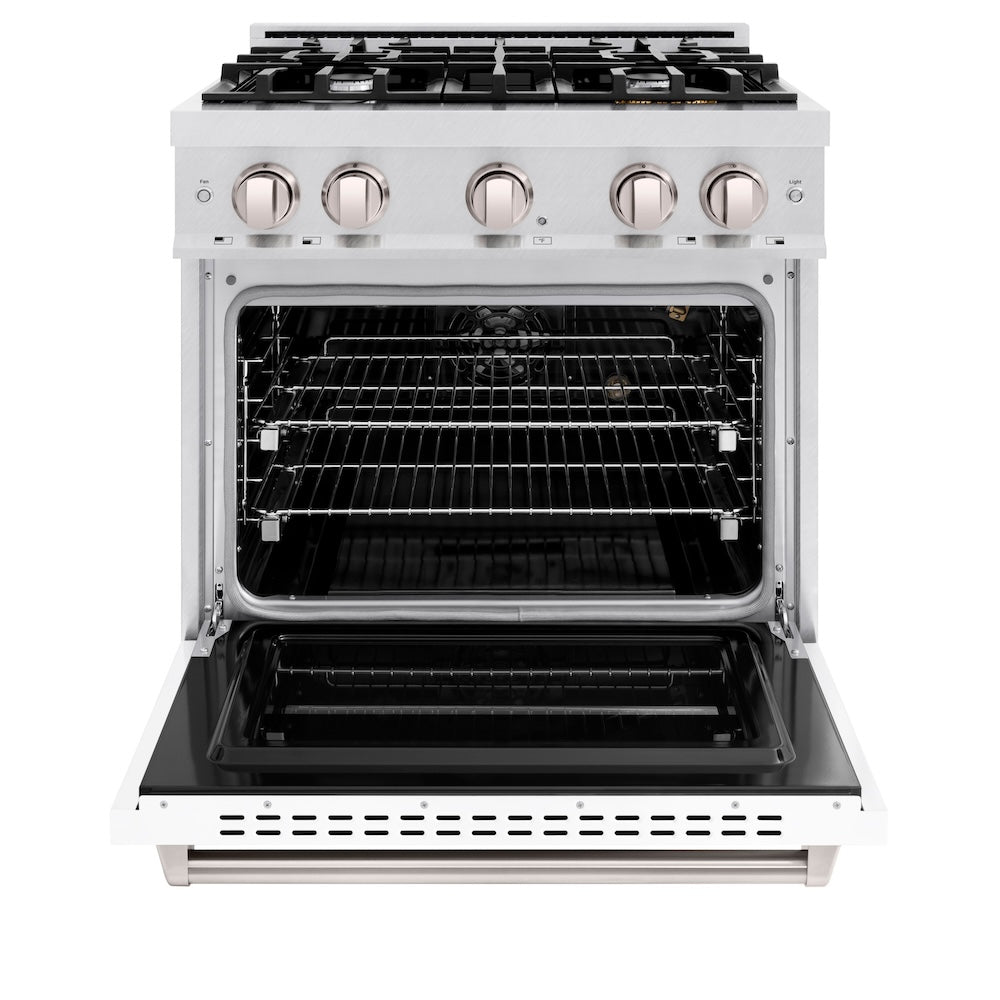 ZLINE 30 in. 4.2 cu. ft. Classic Gas Range with 4 Burner Cooktop and Convection Gas Oven in DuraSnow® Stainless Steel with White Matte Door (CGRS-WM-30) - (CGRSWM30) -