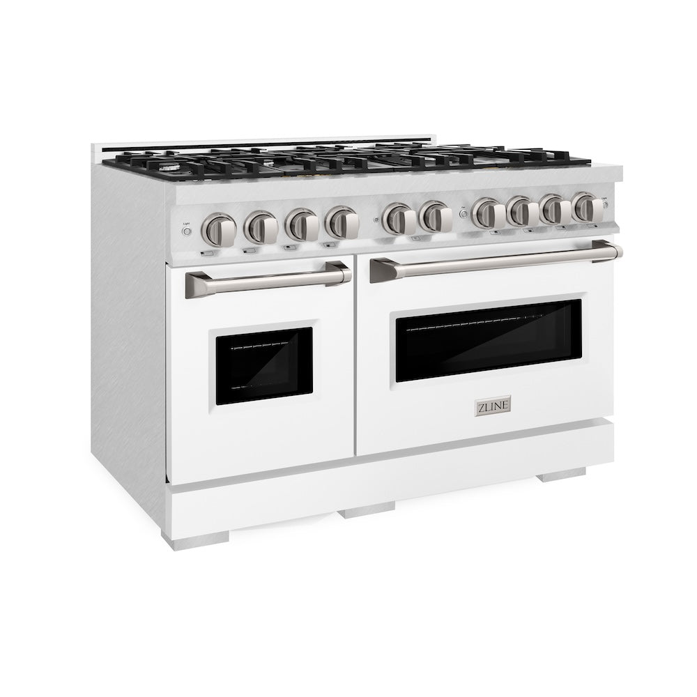 ZLINE 48 in. 6.7 cu. ft. Classic Double Oven Gas Range with 8 Burner Cooktop in DuraSnow® Stainless Steel with White Matte Doors (CGRS-WM-48) - (CGRSWM48) -