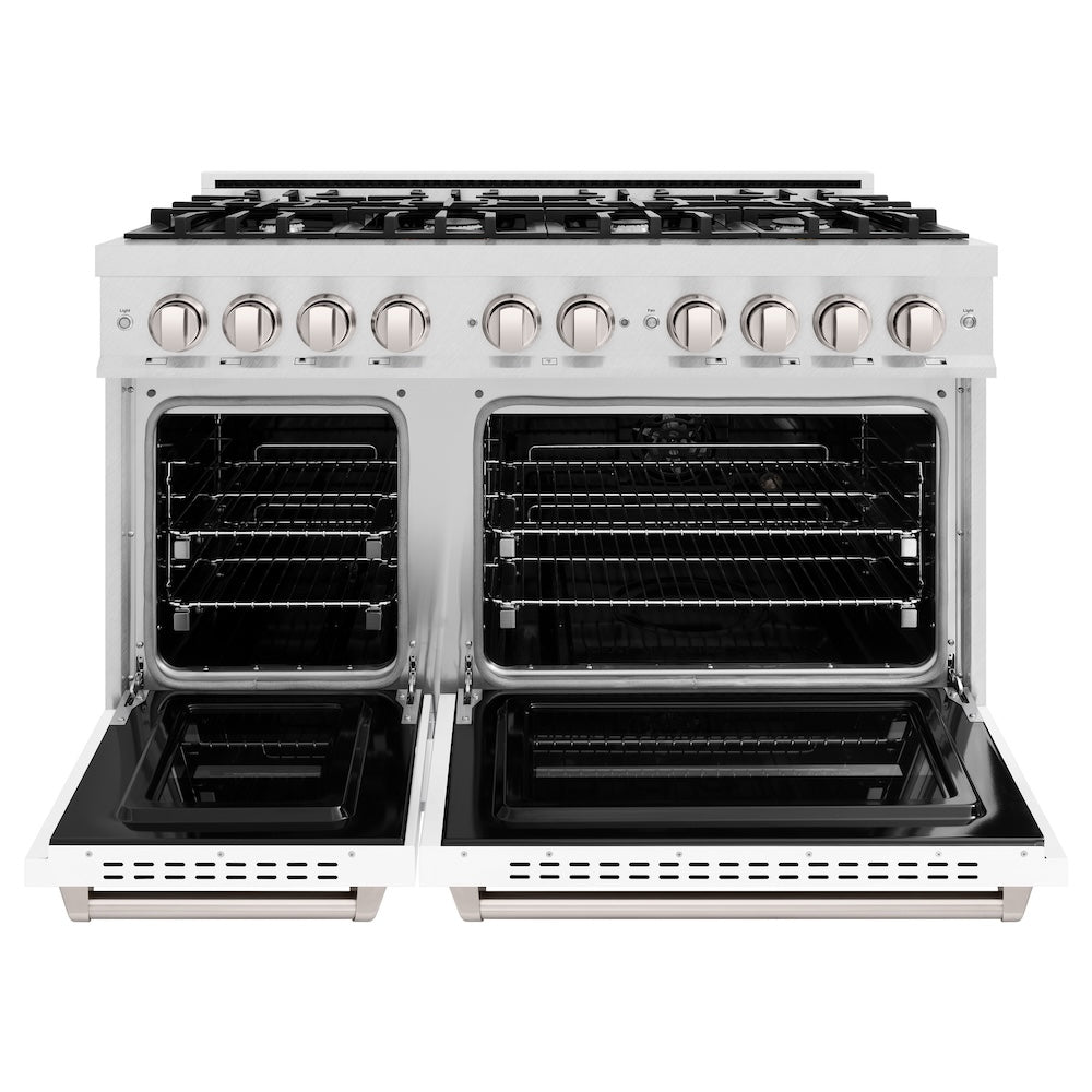 ZLINE 48 in. 6.7 cu. ft. Classic Double Oven Gas Range with 8 Burner Cooktop in DuraSnow® Stainless Steel with White Matte Doors (CGRS-WM-48) - (CGRSWM48) -