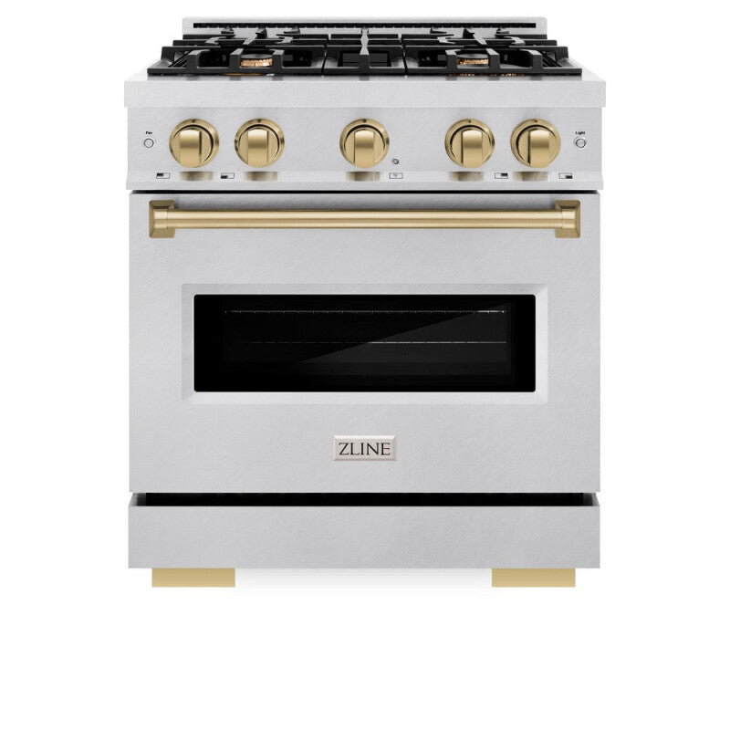 ZLINE Autograph Edition 30 in. 4.2 cu. ft. Classic Gas Range with 4 Burner Cooktop and Convection Gas Oven in DuraSnow® Stainless Steel and Champagne Bronze Accents (CGRSZ-30-CB) - (CGRSZ30CB) -