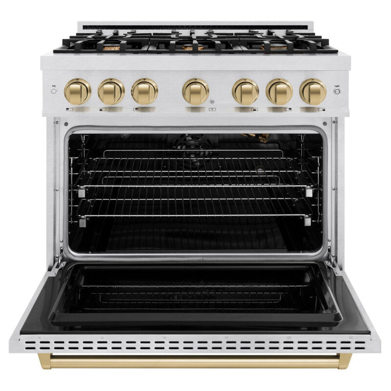 ZLINE Autograph Edition 36 in. 5.2 cu. ft. Classic Gas Range with 6 Burner Cooktop and Convection Gas Oven in DuraSnow® Stainless Steel and Champagne Bronze Accents (CGRSZ-36-CB) - (CGRSZ36CB) -