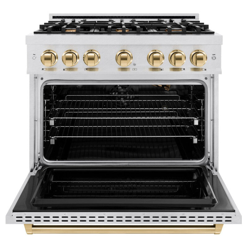 ZLINE Autograph Edition 36 in. 5.2 cu. ft. Classic Gas Range with 6 Burner Cooktop and Convection Gas Oven in DuraSnow® Stainless Steel and Polished Gold Accents (CGRSZ-36-G) - (CGRSZ36G) -