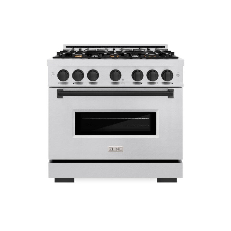 ZLINE Autograph Edition 36 in. 5.2 cu. ft. Classic Gas Range with 6 Burner Cooktop and Convection Gas Oven in DuraSnow® Stainless Steel and Matte Black Accents (CGRSZ-36-MB) - (CGRSZ36MB) -