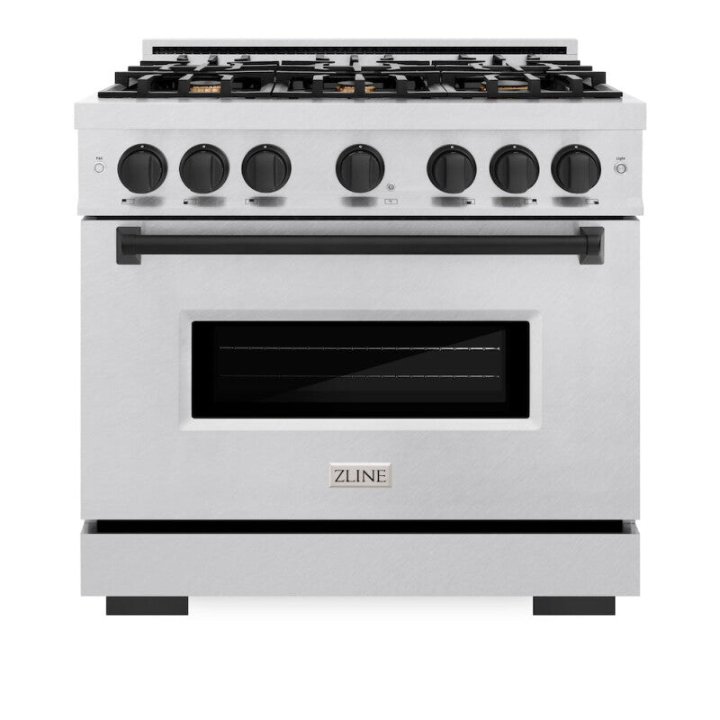 ZLINE Autograph Edition 36 in. 5.2 cu. ft. Classic Gas Range with 6 Burner Cooktop and Convection Gas Oven in DuraSnow® Stainless Steel and Matte Black Accents (CGRSZ-36-MB) - (CGRSZ36MB) -