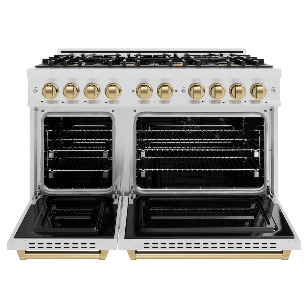 ZLINE Autograph Edition 48 in. 6.7 cu. ft. Classic Double Oven Gas Range with 8 Burner Cooktop in DuraSnow® Stainless Steel and Champagne Bronze Accents (CGRSZ-48-CB) - (CGRSZ48CB) -