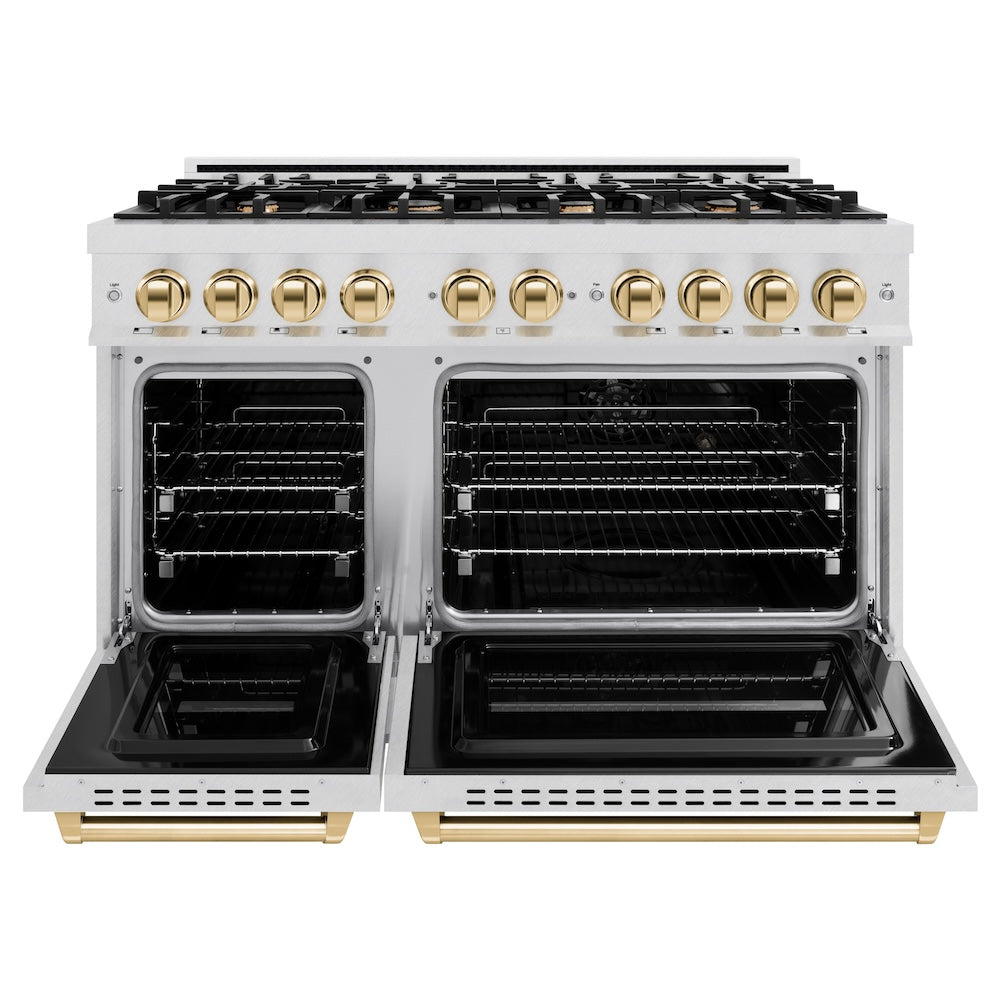 ZLINE Autograph Edition 48 in. 6.7 cu. ft. Classic Double Oven Gas Range with 8 Burner Cooktop in DuraSnow® Stainless Steel and Polished Gold Accents (CGRSZ-48-G) - (CGRSZ48G) -
