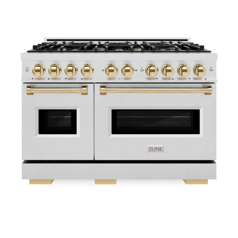 ZLINE Autograph Edition 48 in. 6.7 cu. ft. Classic Double Oven Gas Range with 8 Burner Cooktop in DuraSnow® Stainless Steel and Polished Gold Accents (CGRSZ-48-G) - (CGRSZ48G) -