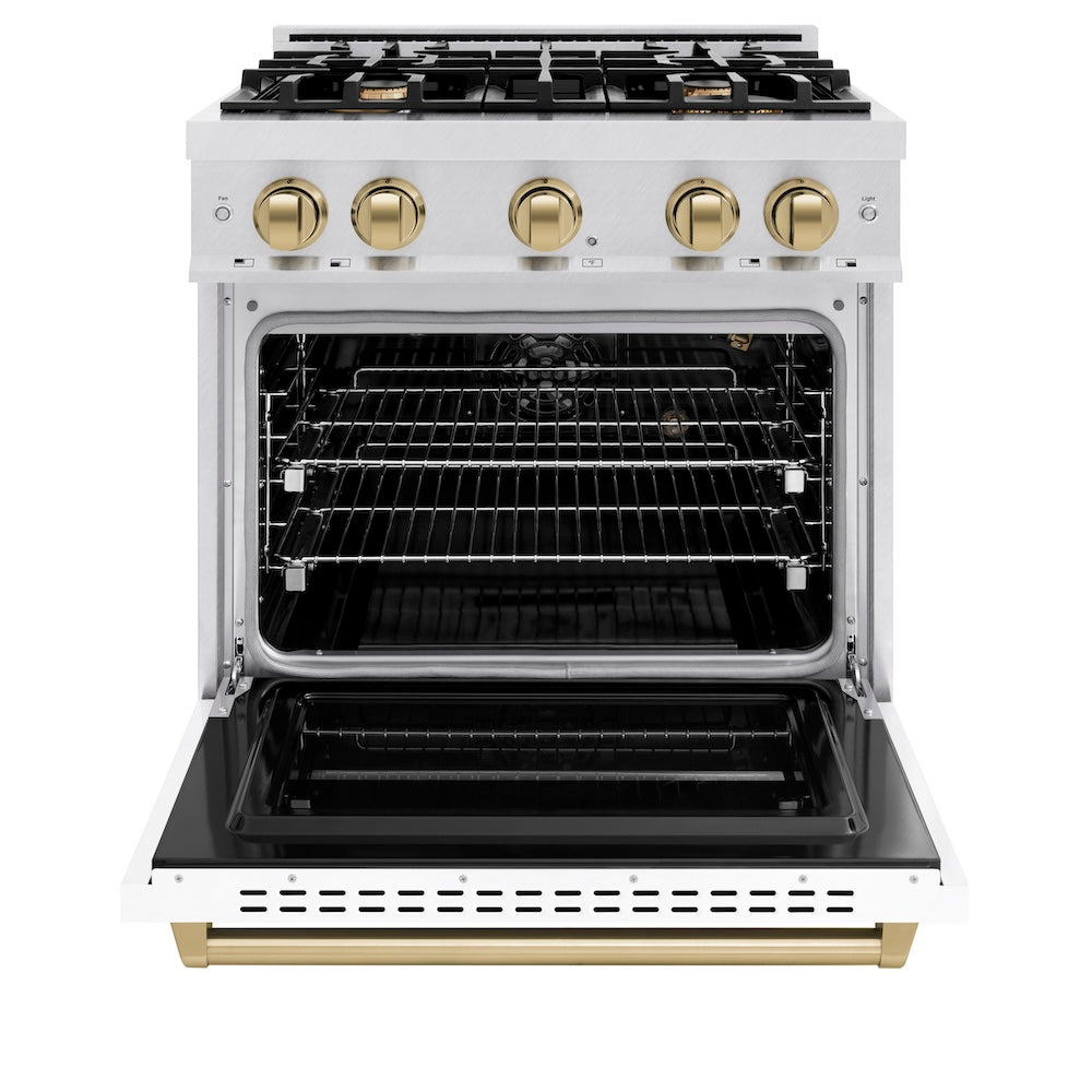 ZLINE Autograph Edition 30 in. 4.2 cu. ft. Classic Gas Range with 4 Burner Cooktop and Convection Gas Oven in DuraSnow® Stainless Steel with White Matte Door and Champagne Bronze Accents (CGRSZ-WM-30-CB) - (CGRSZWM30CB) -