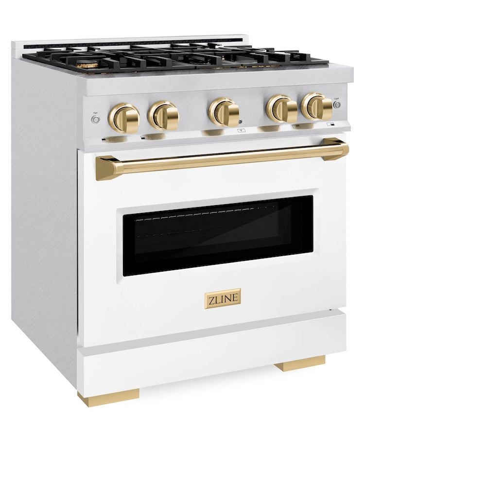 ZLINE Autograph Edition 30 in. 4.2 cu. ft. Classic Gas Range with 4 Burner Cooktop and Convection Gas Oven in DuraSnow® Stainless Steel with White Matte Door and Polished Gold Accents (CGRSZ-WM-30-G) - (CGRSZWM30G) -