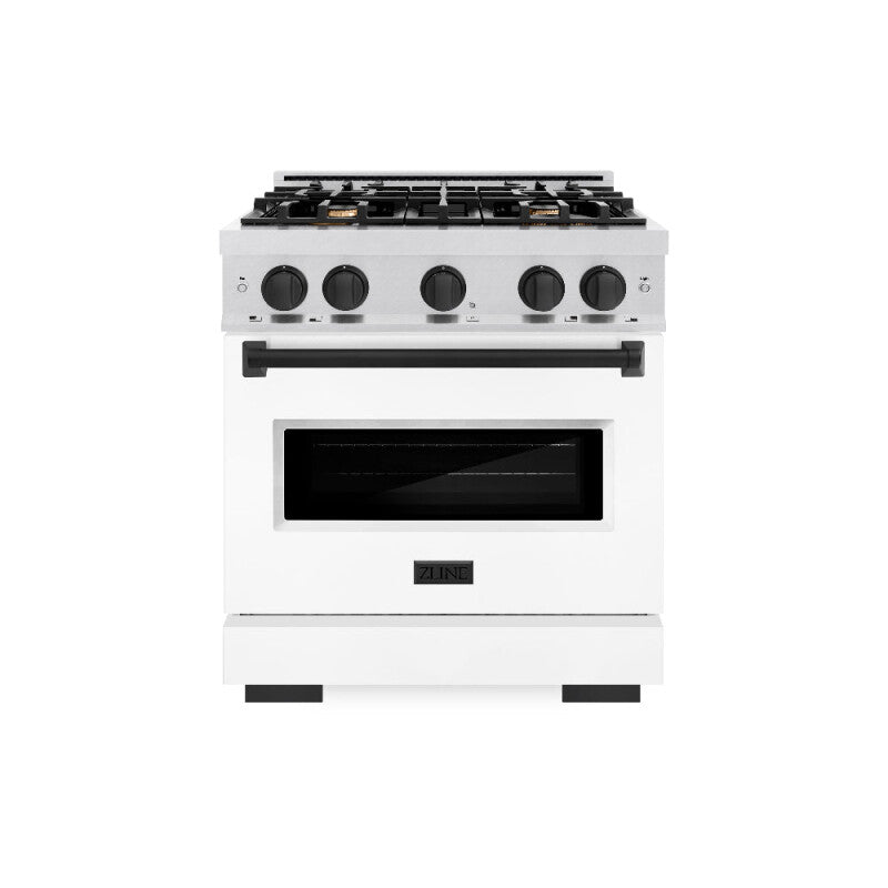 ZLINE Autograph Edition 30 in. 4.2 cu. ft. Classic Gas Range with 4 Burner Cooktop and Convection Gas Oven in DuraSnow® Stainless Steel with White Matte Door and Matte Black Accents (CGRSZ-WM-30-MB) - (CGRSZWM30MB) -