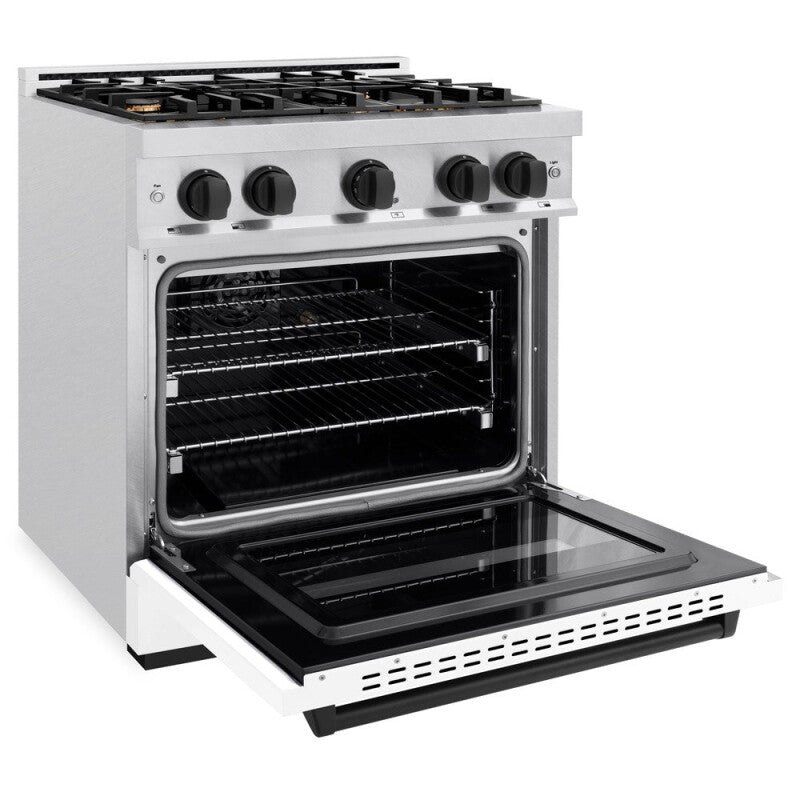 ZLINE Autograph Edition 30 in. 4.2 cu. ft. Classic Gas Range with 4 Burner Cooktop and Convection Gas Oven in DuraSnow® Stainless Steel with White Matte Door and Matte Black Accents (CGRSZ-WM-30-MB) - (CGRSZWM30MB) -