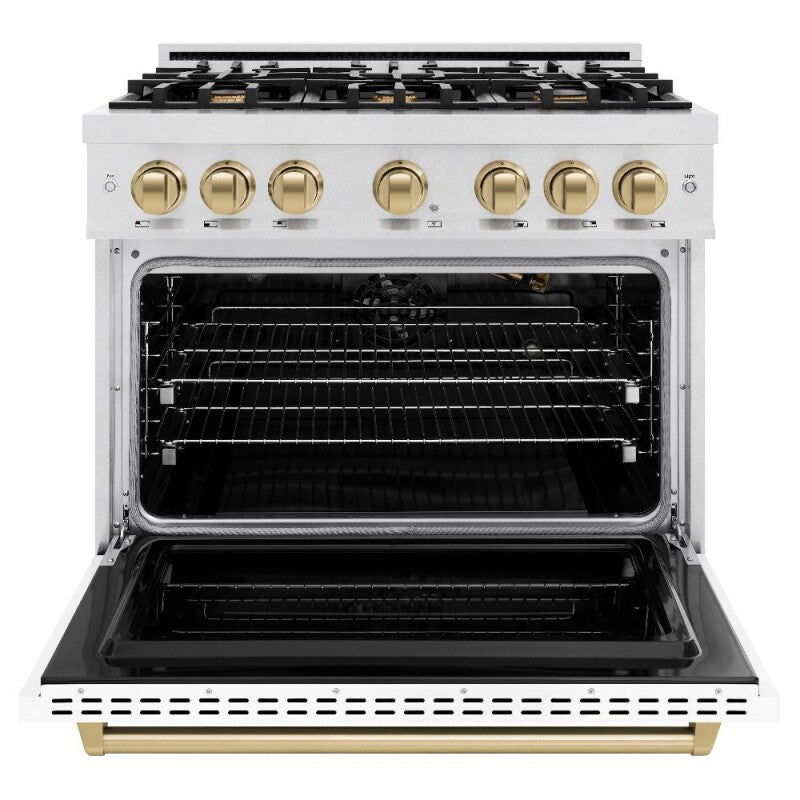 ZLINE Autograph Edition 36 in. 5.2 cu. ft. Classic Gas Range with 6 Burner Cooktop and Convection Gas Oven in DuraSnow® Stainless Steel with White Matte Door and Champagne Bronze Accents (CGRSZ-WM-36-CB) - (CGRSZWM36CB) -