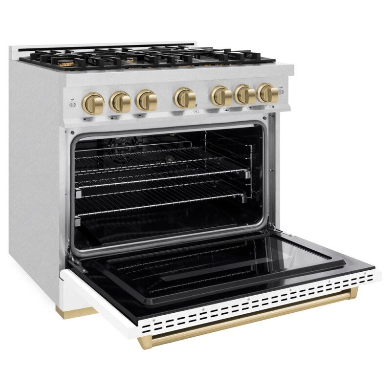 ZLINE Autograph Edition 36 in. 5.2 cu. ft. Classic Gas Range with 6 Burner Cooktop and Convection Gas Oven in DuraSnow® Stainless Steel with White Matte Door and Champagne Bronze Accents (CGRSZ-WM-36-CB) - (CGRSZWM36CB) -