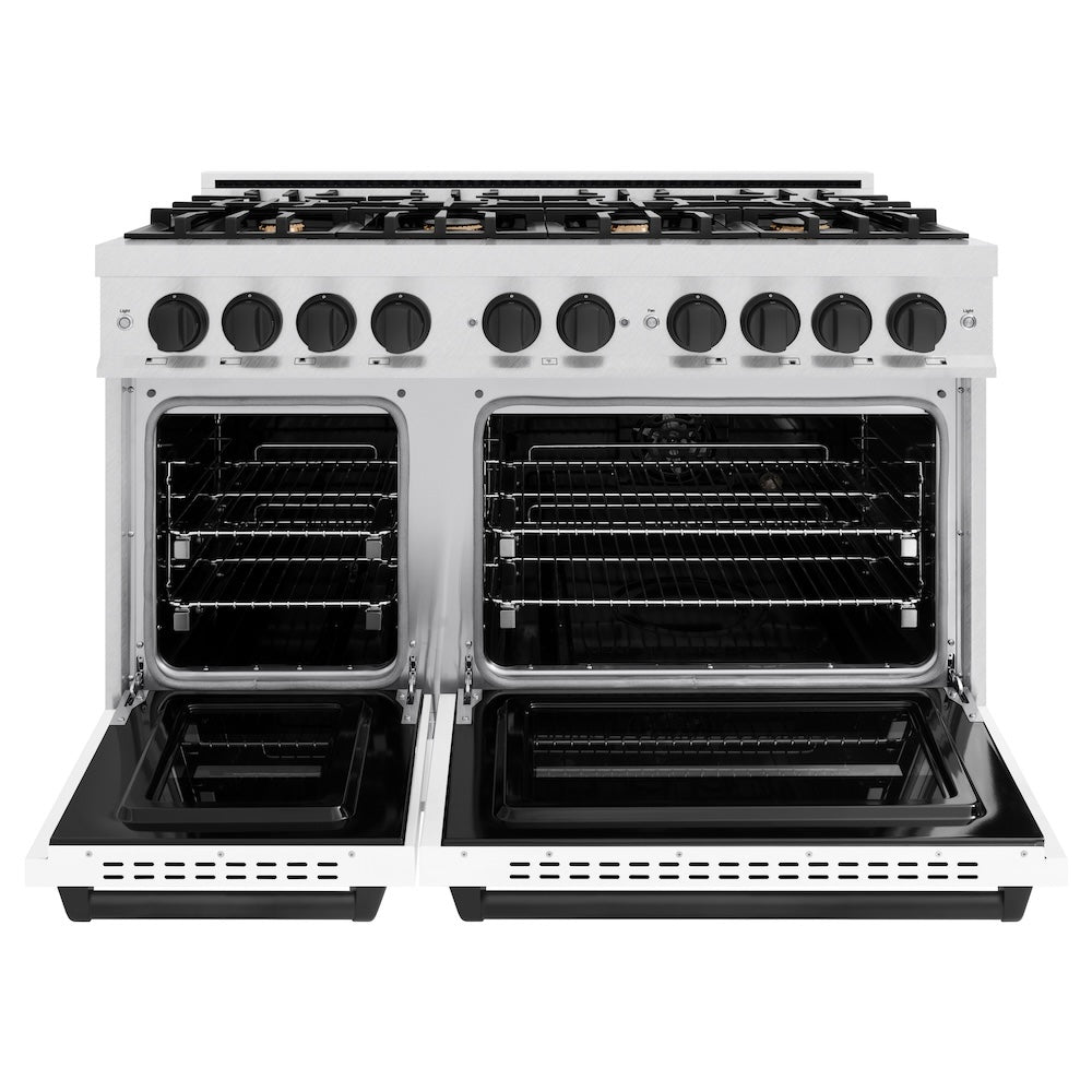 ZLINE Autograph Edition 48 in. 6.7 cu. ft. Classic Double Oven Gas Range with 8 Burner Cooktop in DuraSnow® Stainless Steel with White Matte Doors and Matte Black Accents (CGRSZ-WM-48-MB) - (CGRSZWM48MB) -