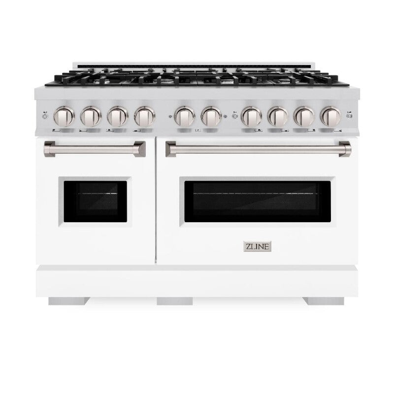 ZLINE 48 in. 6.7 cu. ft. Classic Double Oven Gas Range with 8 Burner Cooktop in Stainless Steel with White Matte Doors (CGR-WM-48) - (CGRWM48) -