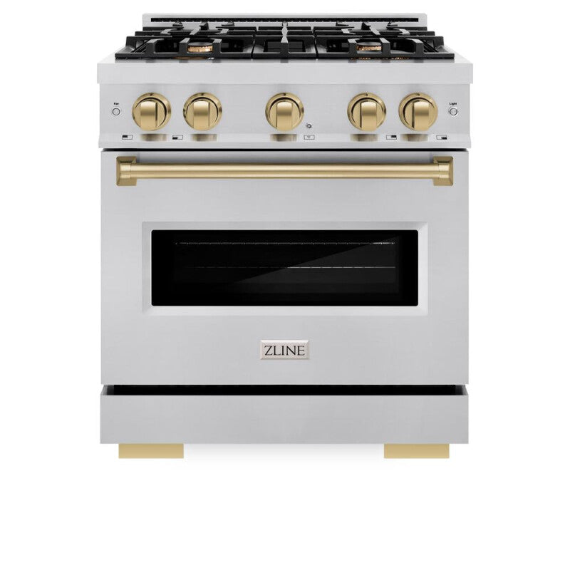 ZLINE Autograph Edition 30 in. 4.2 cu. ft. Classic Gas Range with 4 Burner Cooktop and Convection Gas Oven in Stainless Steel and Champagne Bronze Accents (CGRZ-30-CB) - (CGRZ30CB) -
