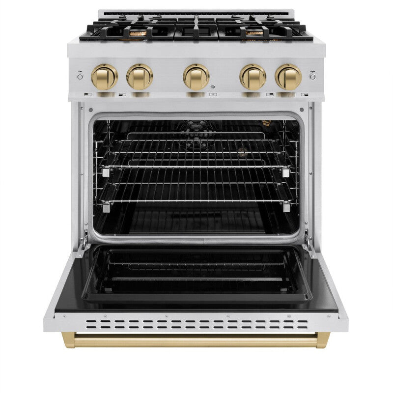 ZLINE Autograph Edition 30 in. 4.2 cu. ft. Classic Gas Range with 4 Burner Cooktop and Convection Gas Oven in Stainless Steel and Champagne Bronze Accents (CGRZ-30-CB) - (CGRZ30CB) -