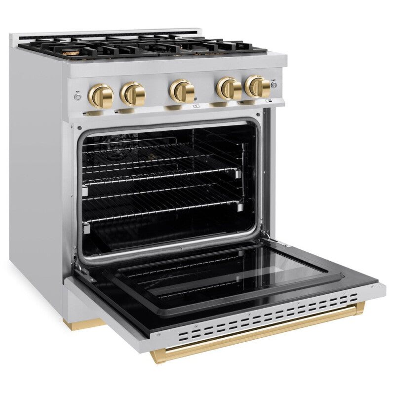 ZLINE Autograph Edition 30 in. 4.2 cu. ft. Classic Gas Range with 4 Burner Cooktop and Convection Gas Oven in Stainless Steel and Polished Gold Accents (CGRZ-30-G) - (CGRZ30G) -