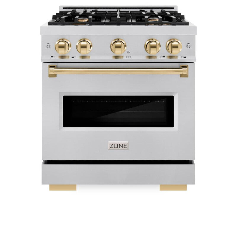 ZLINE Autograph Edition 30 in. 4.2 cu. ft. Classic Gas Range with 4 Burner Cooktop and Convection Gas Oven in Stainless Steel and Polished Gold Accents (CGRZ-30-G) - (CGRZ30G) -