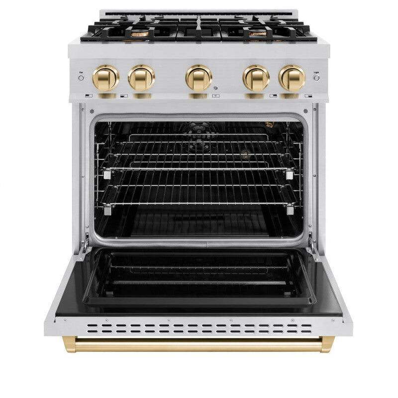 ZLINE Autograph Edition 30 in. 4.2 cu. ft. Classic Gas Range with 4 Burner Cooktop and Convection Gas Oven in Stainless Steel and Polished Gold Accents (CGRZ-30-G) - (CGRZ30G) -