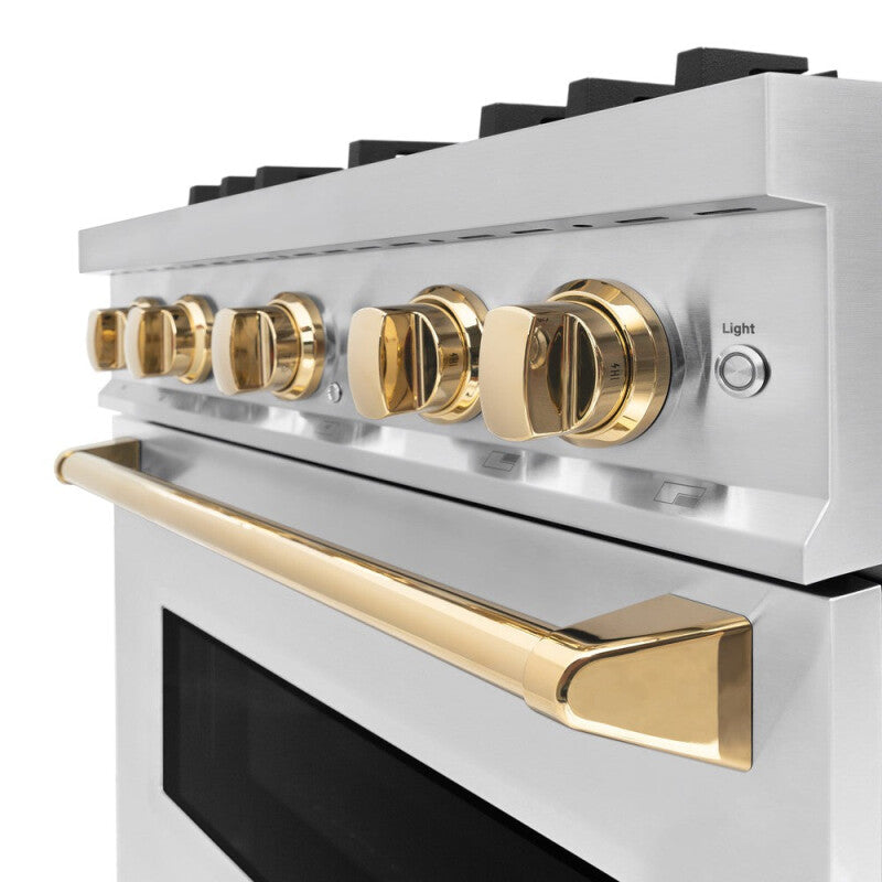 ZLINE Autograph Edition 30 in. 4.2 cu. ft. Classic Gas Range with 4 Burner Cooktop and Convection Gas Oven in Stainless Steel and Polished Gold Accents (CGRZ-30-G) - (CGRZ30G) -