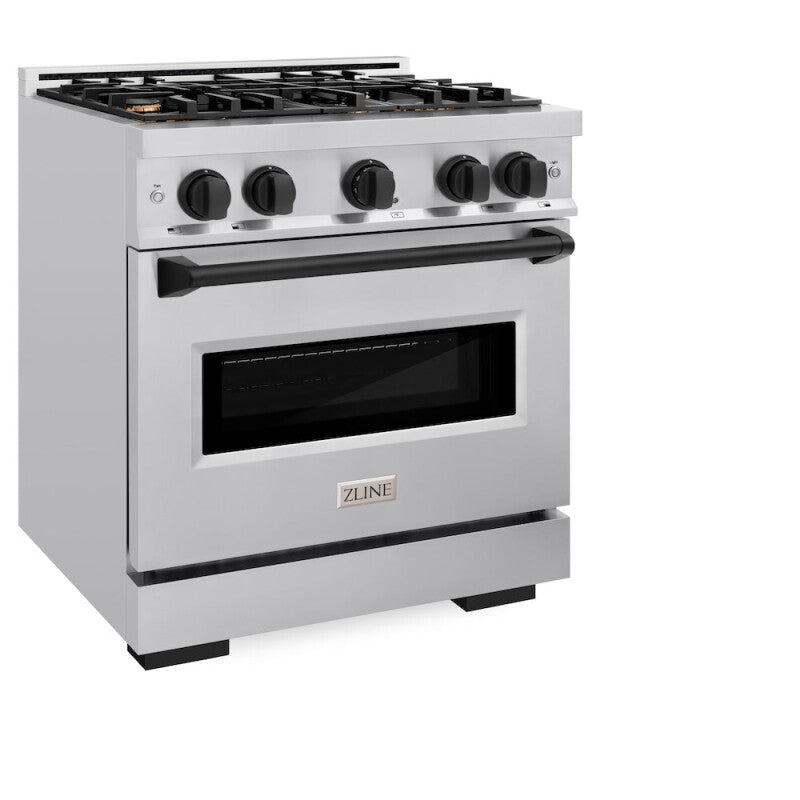 ZLINE Autograph Edition 30 in. 4.2 cu. ft. Classic Gas Range with 4 Burner Cooktop and Convection Gas Oven in Stainless Steel and Matte Black Accents (CGRZ-30-MB) - (CGRZ30MB) -