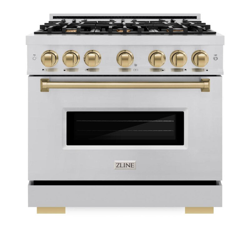 ZLINE Autograph Edition 36 in. 5.2 cu. ft. Classic Gas Range with 6 Burner Cooktop and Convection Gas Oven in Stainless Steel and Champagne Bronze Accents (CGRZ-36-CB) - (CGRZ36CB) -