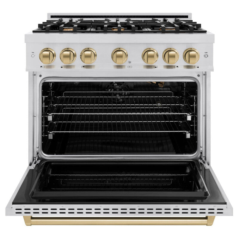 ZLINE Autograph Edition 36 in. 5.2 cu. ft. Classic Gas Range with 6 Burner Cooktop and Convection Gas Oven in Stainless Steel and Champagne Bronze Accents (CGRZ-36-CB) - (CGRZ36CB) -