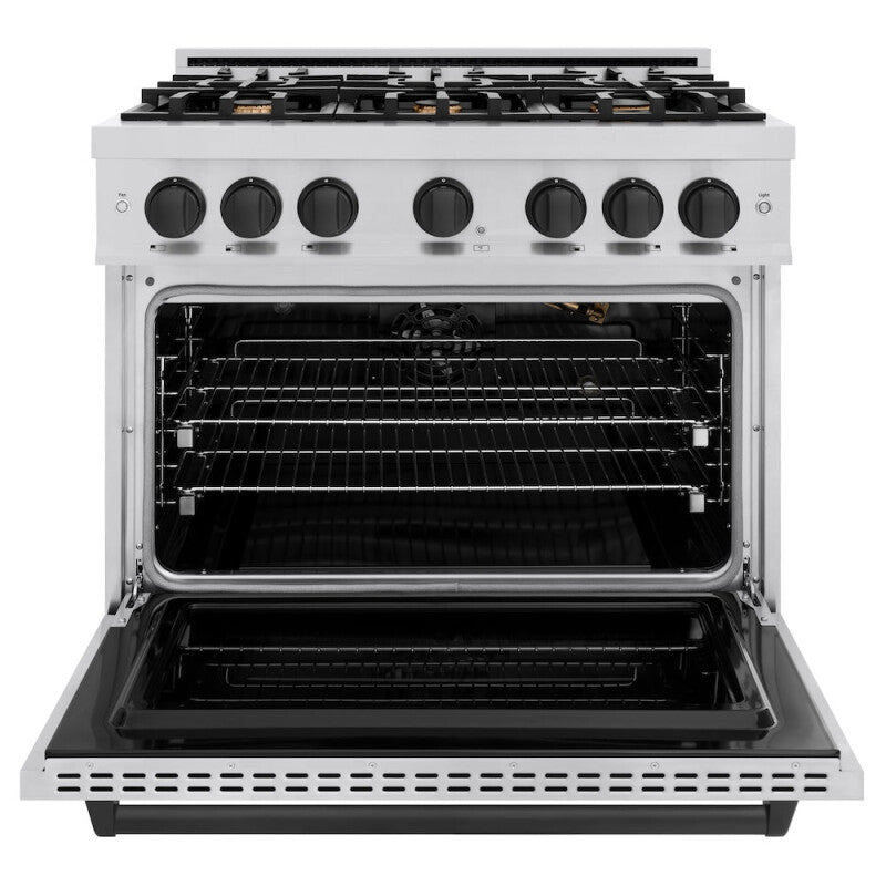ZLINE Autograph Edition 36 in. 5.2 cu. ft. Classic Gas Range with 6 Burner Cooktop and Convection Gas Oven in Stainless Steel and Matte Black Accents (CGRZ-36-MB) - (CGRZ36MB) -