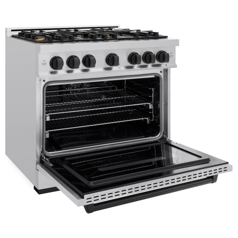 ZLINE Autograph Edition 36 in. 5.2 cu. ft. Classic Gas Range with 6 Burner Cooktop and Convection Gas Oven in Stainless Steel and Matte Black Accents (CGRZ-36-MB) - (CGRZ36MB) -