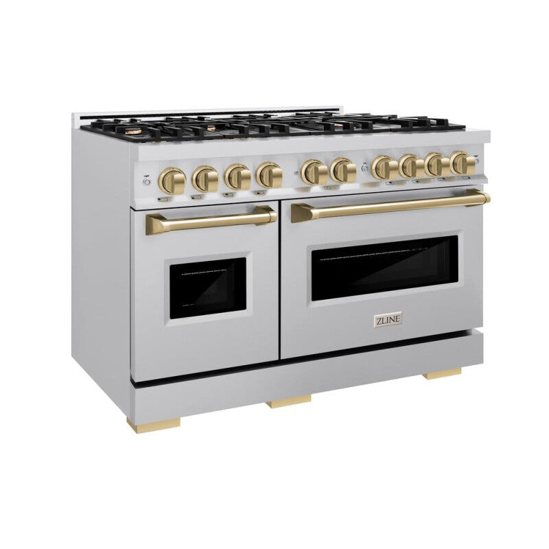 ZLINE Autograph Edition 48 in. 6.7 cu. ft. Classic Double Oven Gas Range with 8 Burner Cooktop in Stainless Steel and Champagne Bronze Accents (CGRZ-48-CB) - (CGRZ48CB) -