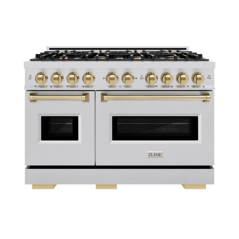 ZLINE Autograph Edition 48 in. 6.7 cu. ft. Classic Double Oven Gas Range with 8 Burner Cooktop in Stainless Steel and Champagne Bronze Accents (CGRZ-48-CB) - (CGRZ48CB) -
