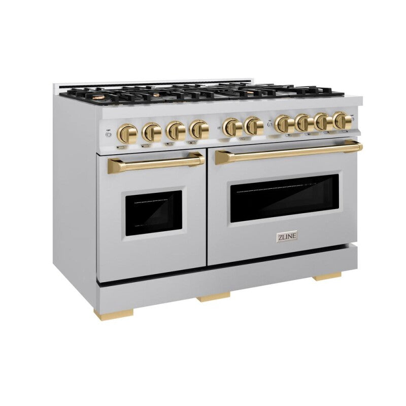 ZLINE Autograph Edition 48 in. 6.7 cu. ft. Classic Double Oven Gas Range with 8 Burner Cooktop in Stainless Steel and Polished Gold Accents (CGRZ-48-G) - (CGRZ48G) -