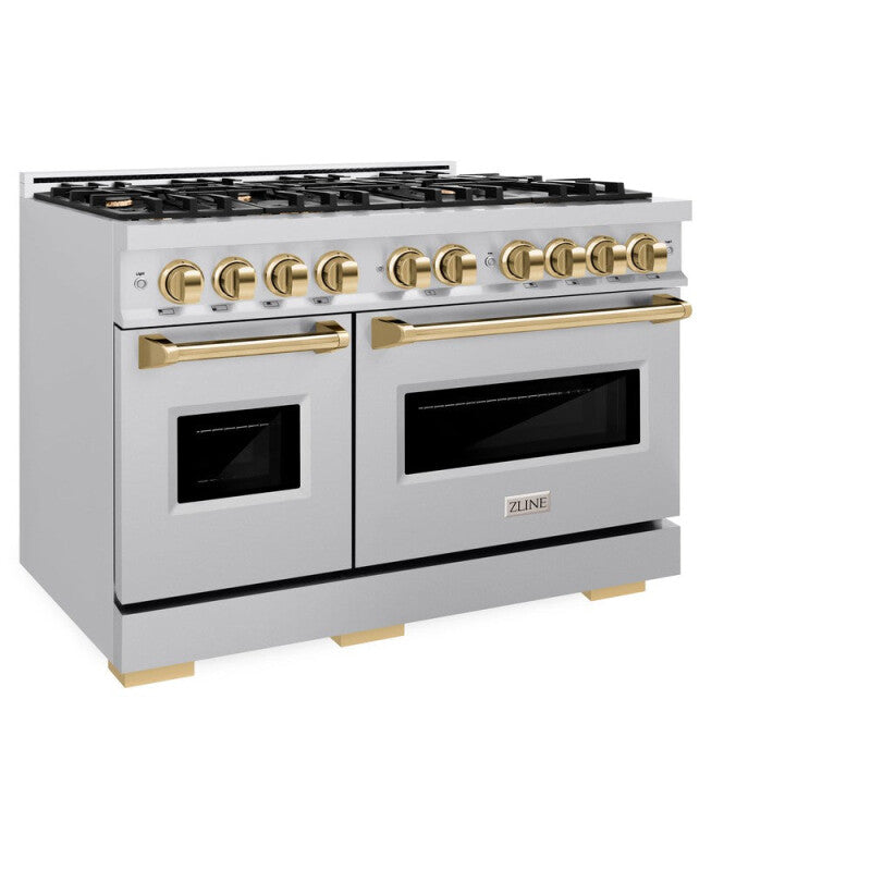 ZLINE Autograph Edition 48 in. 6.7 cu. ft. Classic Double Oven Gas Range with 8 Burner Cooktop in Stainless Steel and Polished Gold Accents (CGRZ-48-G) - (CGRZ48G) -