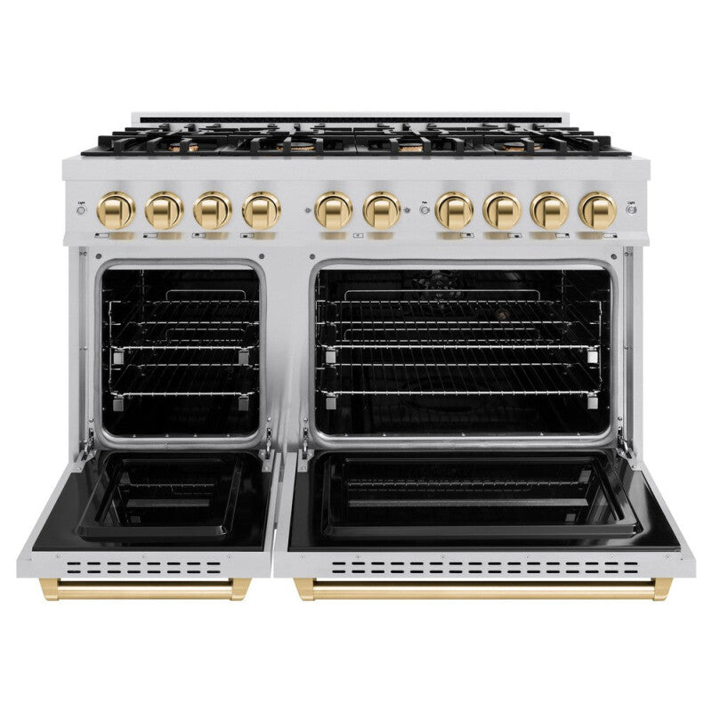 ZLINE Autograph Edition 48 in. 6.7 cu. ft. Classic Double Oven Gas Range with 8 Burner Cooktop in Stainless Steel and Polished Gold Accents (CGRZ-48-G) - (CGRZ48G) -